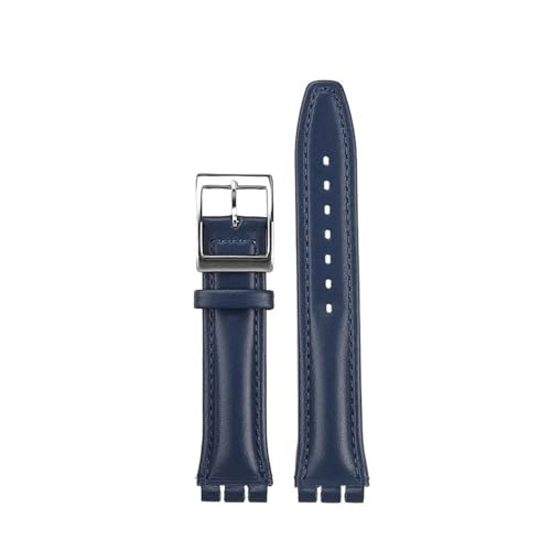 POYNMRE Compatible With Swatch YIS YAS YGS IRONY Men Women Cowhide Leather Watch Strap Bracelet Concave Convex Mouth Calfskin Watchband 17mm 19mm(Blue-silver,17mm)