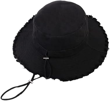YAMEE Vissershoed voor Dames Katoen met Franjes,Emmer Hoed Dames in Effen Kleuren Opvouwbaar met Kinband,Vissershoedje voor Unisex Zonnebescherming, Zonnehoeden voor Heren Outdoor-vissen Gerafelde