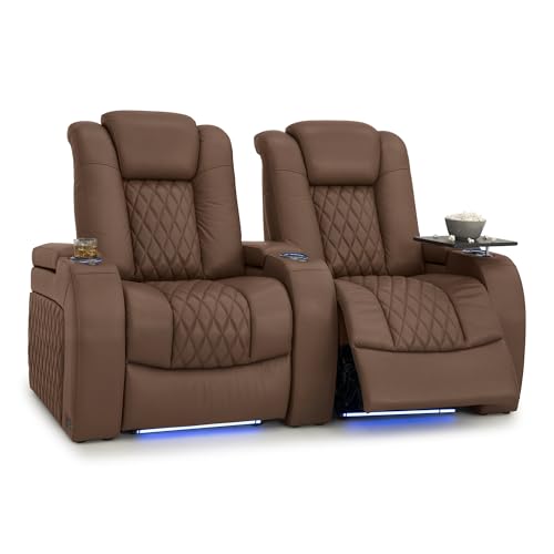 Image of Seatcraft Diamante Tobacco Italian Leather Home Theater Seating, Zero Gravity Power Recliner Gaming and Home Office Chair, Powered Headrest Lounge Sofa Furniture for Cinema Room, Row of 2