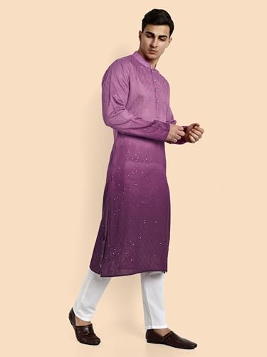 Image of Vardha Men's Cotton Chikankari Embroidered Kurta with Full Sleeves and Knee Length Design and Elegant Sequence Work | Kurta for Men