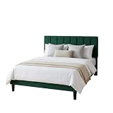 Bellogoo Modern Full Size Bed Frame, Upholstered Velvet Platform Bed with Headboard, Sturdy Wood Slat Support, No Box Spring Needed, Dark Green