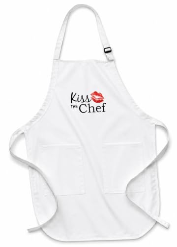3dRose Kiss The Chef - Red Flirty Lipstick Mark Kisses with Stylish Black Text - for Cooks and Cooking Fans - Medium Length Apron, 22 by 24-Inch, with Pouch Pockets (apr_151642_2)