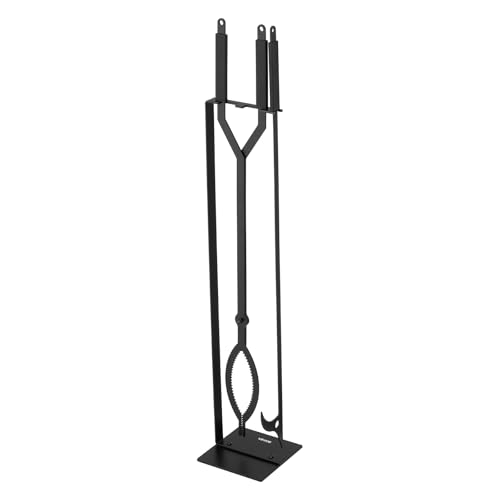 VEVOR Juego de Herramientas para Chimenea, 3 Piezas, con Soporte, Pinzas y Atizador, Hierro Forjado, para Fogatas en el Patio, Interior y Exterior, Color Negro, en Forma C, 1050 x 185 x 185 mm