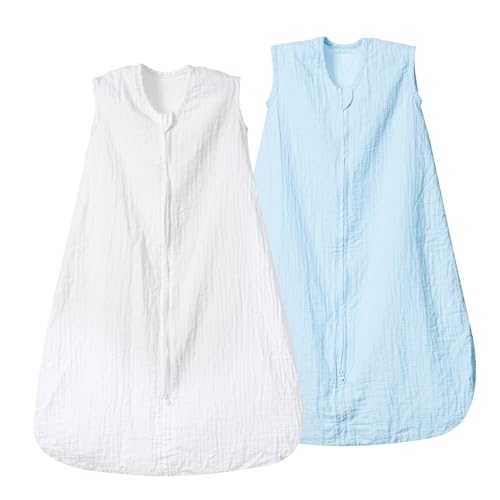 Image of david's kids Muslin Cotton Baby Sleep Sack 12-18 Months, 2 Pack 100% Cotton Sleeping Bag for Summer, TOG 0.5 Baby Wearable Blankets with 2-Way Zipper, Soft Sleep Sack for Newborn Infant, White & Blue