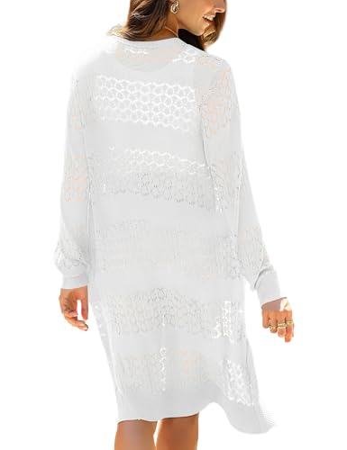 LYHNMW Women's Casual Lightweight Crochet Cardigan Sweater Long Sleeve Open Front Knitt Boho Beach Coverups with Pockets