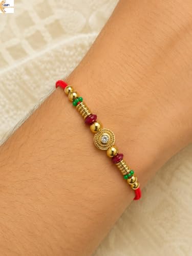 Image of NBR Rakhi with Gold Beads, Red Thread, Crystal Centre and MultiColoured Beads for Bhai and Bhabhi- Pack of 4