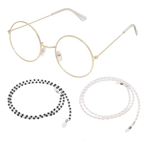 Hftjtsa 1 Pair Grandma Glasses Old Lady Costume Accessories 100th Day of School Granny Glasses with 2 Beaded Sunglasses Chains(Round Frame)
