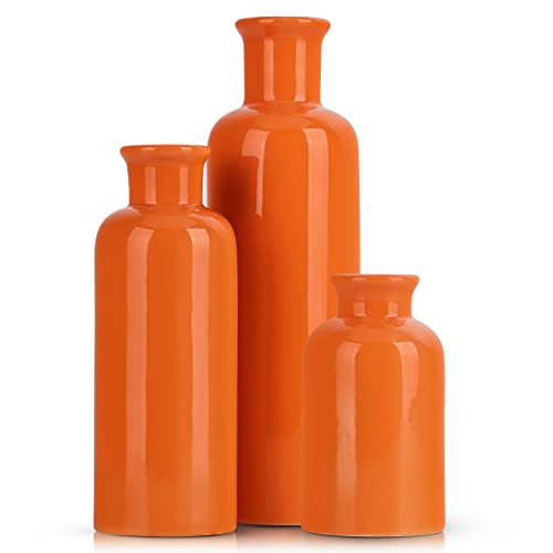 Image of Ceramic Vase Set - 3 Orange Small Vases, Farmhouse Country Flower Vase Home Decor, Living Room Decoration, Table Decoration, Fireplace Decor, and Entrance Decorations Centerpieces