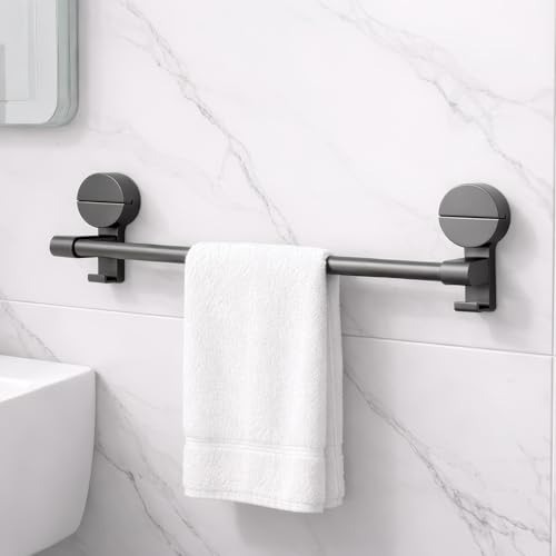 Image of MIORAH Suction Towel Holder for Bathroom - Rust - Free Powder Coated Wall Mounted Towel Rack No Drill Towel Rack Modern Bathroom Accessories Organizer Grey