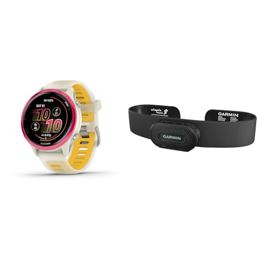 Image of Bundle of Garmin Forerunner 570, 42mm, GPS Running Smartwatch, AMOLED Display, Training and Recovery Features, Raspberry Aluminum with Translucent Bone /Mango Band + Garmin HRM-Fit