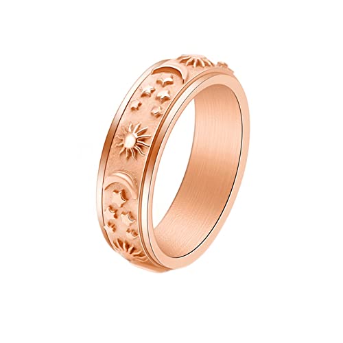 Image of KnBoB Wedding Band Engraved Rose Gold, 6MM Sun Moon Star Spinner Stainless Steel Women Wedding Ring Size P 1/2