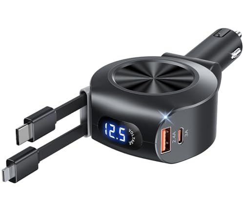 Retractable Car Charger, KOOPAO 69W 4 in 1 Fast Phone Car Charging Adapter, Multi USB C PD and Apple Retractable Cables Cord Compatible with iPhone 16/15/14/13/12/11/Pro Max (USB C + iPhone Cord)