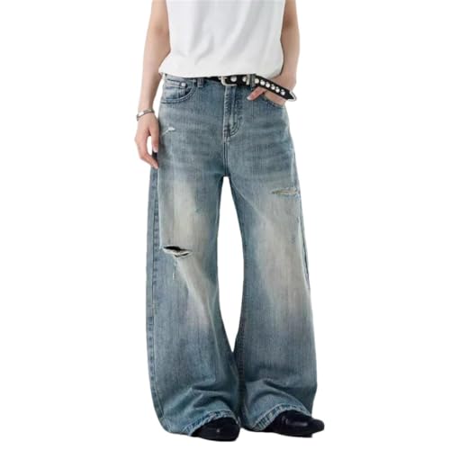 Men's Vintage Denim Pants, Worn-Out Holes, American Style, Wide Leg Trousers