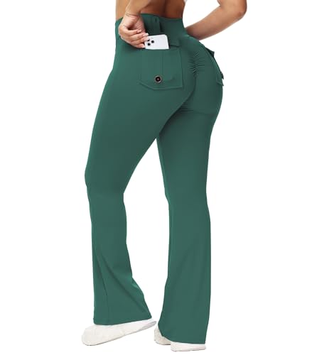 Flare Leggings for Women Workout Gym Tummy Control Scrunch Butt Wide Leg Yoga Pants with Pockets Cargo Pants
