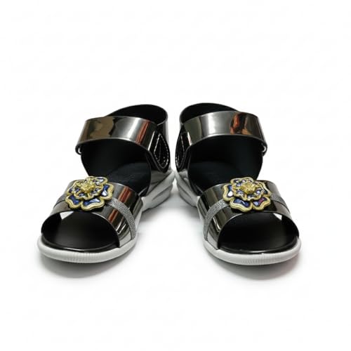 Image of ๐๐ซ๐๐ง๐๐๐ญ๐๐ญ๐ข๐จ๐ง:-Girls Trendy Sandals with Holographic Floral Strap, Welcro Style, Sandals |