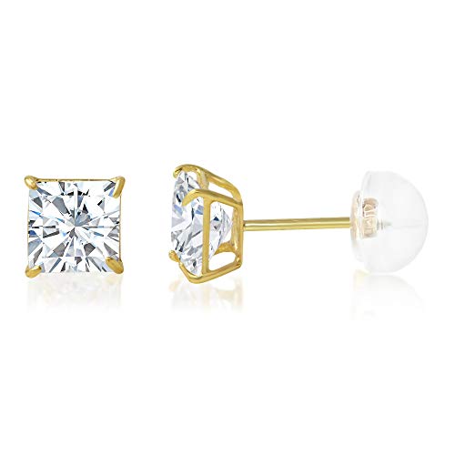 14K Gold Square Solitaire Princess Cut Cubic Zirconia CZ Stud Push Back Earrings in Yellow OR White (Various Sizes)