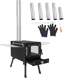 Estufa de tienda de campaña, estufa portátil de ac...: Diseño único de chimenea: horno de tienda de campaña con sistema de calefacción modular: 5 tubos de chimenea seccionables (máx. 4,4 pies) permiten un ajuste individual a la altura de la tienda. La salida de humo optimizada reduce el humo en la tienda...