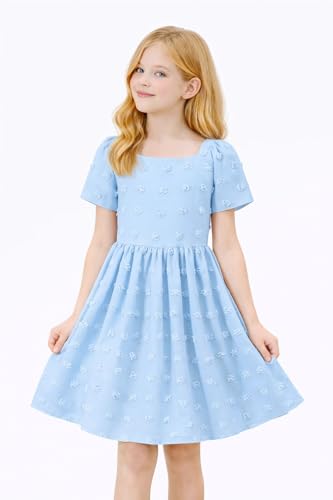 Image of HILEELANG Girls Summer Dress Bow Tie Back A-Line Party Dress for Little Big Girls Short Sleeve Dress with Lining 6-12 Years
