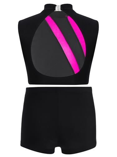 YEAHDOR Kids Girls 2 Piece Gymnastics Ballet Dance Outfits Rhinestones Metallic Crop Tops with Shorts Set Hot Pink 14 Years4
