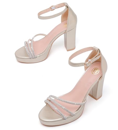 DADAWEN Platform Heels for Women Strappy Open Toe Rhinestone Block Chunky High heels Sandals Ankle Strap Heeled Sandals Wedding Party Dress Pumps Shoes4
