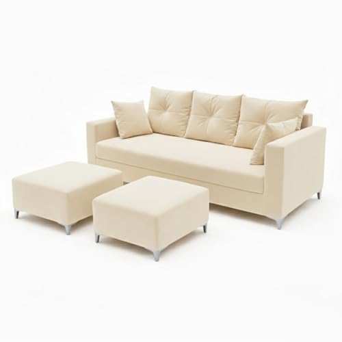 Image of Zora 5 Seater L Shape Sofa Set with 1 Movable Ottomans | Flexible Layout | Rich Velvet Suede Fabric | Silver Legs | Spacious Seating | Modern Sofa for Living Room (Cream)