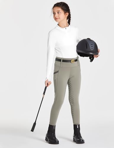 FitsT4 Sports Girls Full Seat Riding Tights High Waist Kids Equestrian Breeches Horse Schooling Pants Zipper Pockets Khaki Size L — view 6