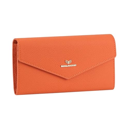 Envelop Long Wallet - RFID Blocking Simple Solid Color Multi-card Slots Card Holder Genuine Leather Purse 2480 (Orange)