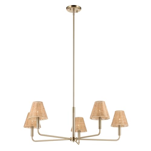 KICHLER Bekah 5-Light Chandelier, Global Boho Light with Handwoven Rattan Shade in Champagne Bronze, Sloped Ceiling Compatible, for Dining or Living Room (11.75\" x 38\"), 52731CPZ