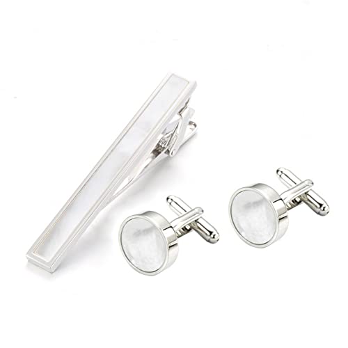 Rockyu Tie Clip and Cufflink Set for Men Stylish White Butterfly Cuffs Round Seashell Tie Pin Business Wedding Father's Day Gift European Style Accessories