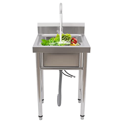 Fregadero de cocina independiente con grifo exterior, fregadero taller granja independiente comida comercial, 50 cm fregadero de cocina industrial 201 de acero inoxidable con grifo