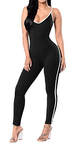 Jescakoo Women Catsuit Skinny Tank Spaghetti Strapped Yoga Bodysuit Jumpsuit Solid Black S