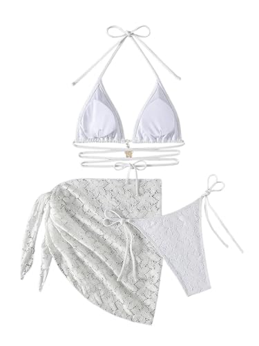 SHENHE Women's 3 Piece Floral Lace Criss Cross Halter Triangle Bikini Set with Sarong Cover Ups4