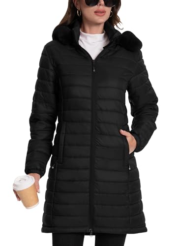 ATLASLAVA Damen Winterjacke Lang Wintermantel Steppjacke Übergangsjacke Daunenjacke Wasserdicht Warm Leichte Kapuze Frauen Winter Mantel Outdoor Schwarz M