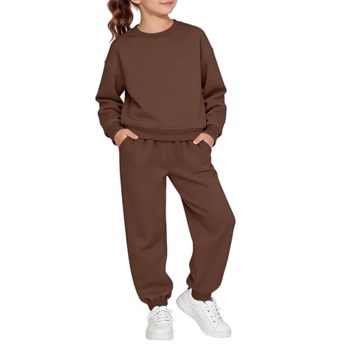 Conjunto de chándal clásico para niños y niñas, con cuello redondo, sudadera larga de invierno, 2 piezas, ropa deportiva, marrón, 6 7 años