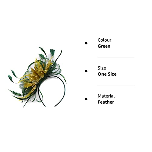 Caprilite Fashion Green and Gold Net Hoop Feather Hair Fascinator Headband Wedding Royal Ascot Races - Image 2