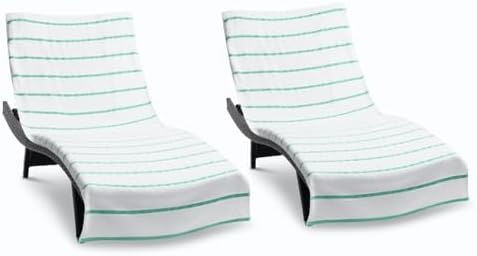 Arkwright Las Rayas Chaise Lounge Cover - (Pack of 2) 100% Cotton Terry Towel Pool Chair Covers for Outdoor Beach Furniture, 30 x 85 in, Green