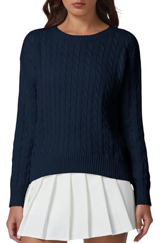 QINSEN Cable Knit Sweater for Women Long Sleeve 90s Vintage Ribbed Pullover Crewneck Sweater Tops