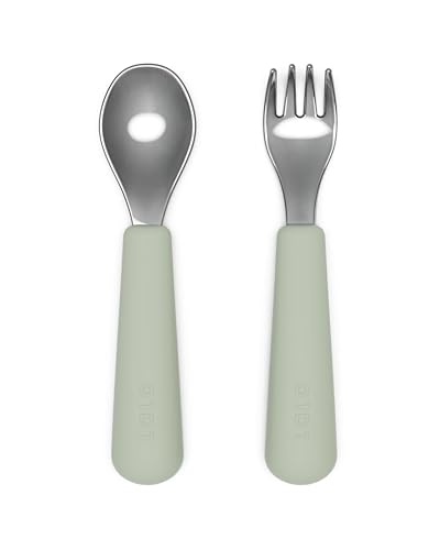 Lalo Utensils - Toddler Fork and Spoon Set - Stainless Steel and Silicone Ergonomic Toddler Utensils - Children Safe Flatware Set - 2 Pieces - Sage