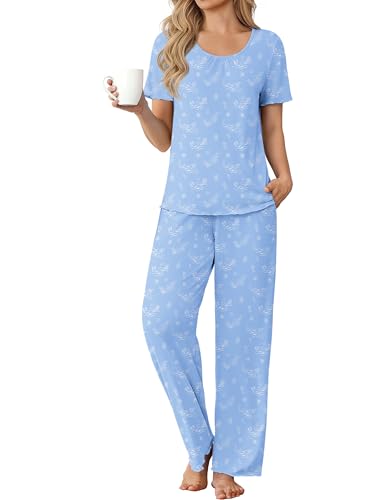 Ekouaer Womens Pajama Sets Viscose from bamboo Lounge Set Soft Pajamas for Women Set Short Sleeve and Long Pants Sleepwear