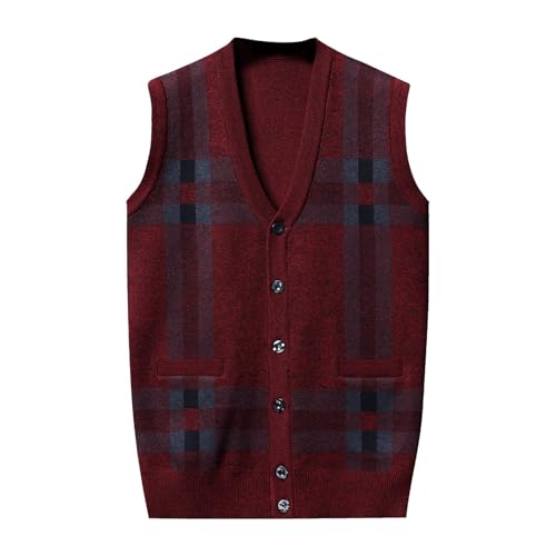Men Sweater Vest Plaid Button Up Fall Cardigan V Neck Sleeveless Knit Jumpers Tops Loose Sweaters