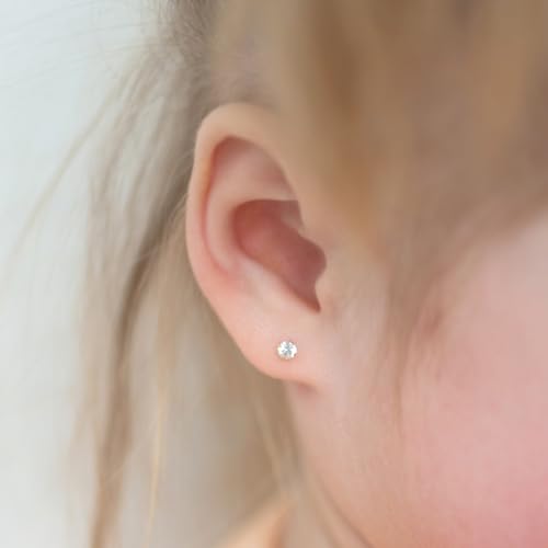 14k Yellow Gold Tiny 3mm Cubic Zirconia Prong Set Solitaire Screw Back Earrings for Little Girls - Tiny & Elegant Earrings with Safety Screw Backs for Babies, Toddlers, & Children - Dainty CZ Studs3