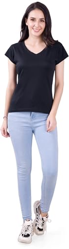 Image of Women's V Neck Plain T-Shirt, Black, Short Sleeve, Casual Wear