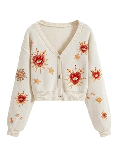 Image of BEAUDRM Women's Cropped Cardigan Sweater Embroidered Cardigan Cropped Sweater Button Down Knit Top Outerwear