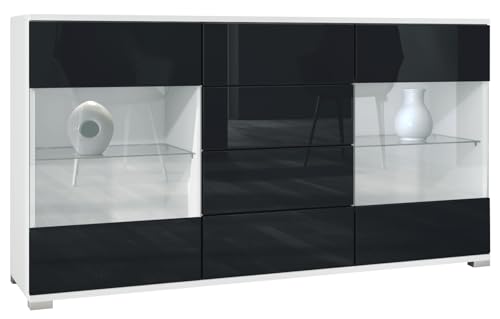 Vladon Buffet Dressoir Bari V1, Corps en Blanc Mat/Façades en Noir Haute Brillance (139 x 72 x 35)