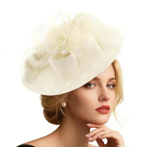 MmotZsb Fascinator Hut Damen, Mesh Damen Blume Mit Perle Feder, Elegante Kopfbedeckung Für Hochzeiten, Vintage-Partys Und Pferderennen, Perfekt Für Braut Und Damens