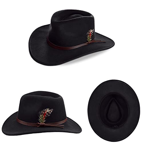 Porsyond 100% Wool Felt Outback Fedora Hat For Men Wide Brim Cowboy Panama Hat With Leather Band And Feather(Black) #TOP3