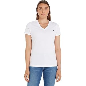 Tommy Hilfiger Damen T-Shirt Kurzarm Heritage V-Ausschnitt, Weiß (Classic White), L