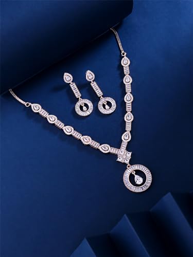 Image of Yellow Chimes Jewellery Set for Women and Girls American Diamond Jewellery Set | Rosegold Rhodium Plated AD Necklace Set for Women | Birthday Gift for Girls & Women