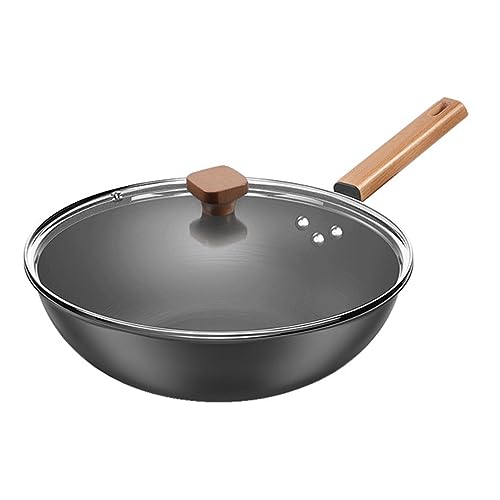 HMWOKPOT Woks & Stir-Fry Pans with Lid & Wooden Handle, No Chemical Coated Flat Bottom Chinese Wok Pan Cookware All Stoves