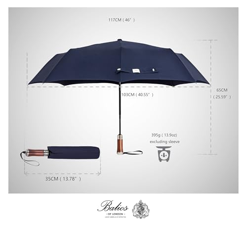 Balios (Designed in UK) Travel Folding Umbrella Lux Hardwood Handle Auto Open & Close Windproof Single Canopy